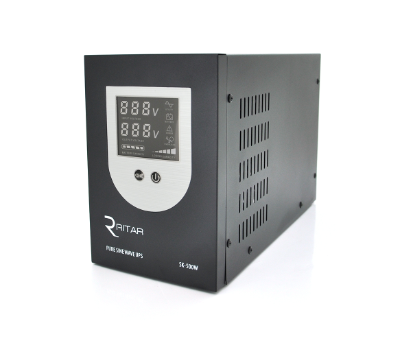 Джерело безперервного живлення Ritar SK-800VA (500W), DC:145-275V, AC:230V (правильна синусоїда), LCD-дисплей, 2Shuko socket, 12V, під зовнішню батарею, струм заряду 10/15А, Q2